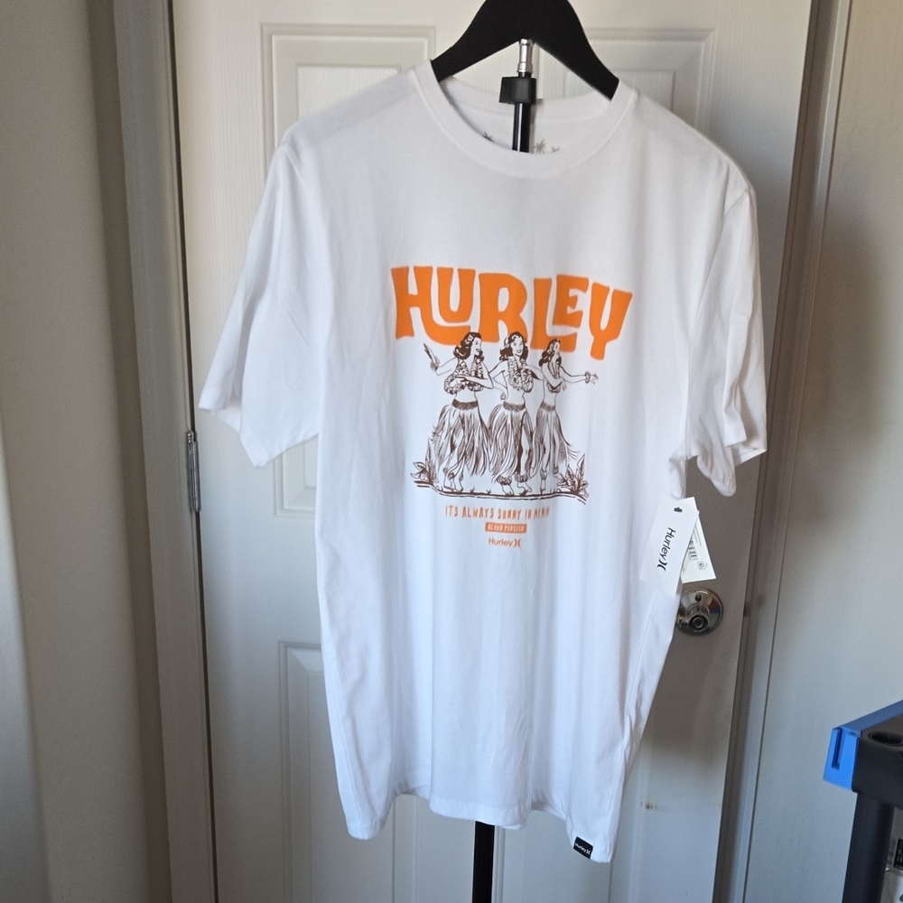 Hurley White Tee with Orange Hula Graphic